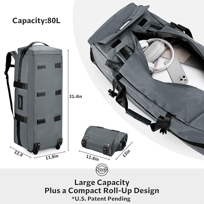 STOVER 80L Rolling Duffel Bag with Wheels, Extra Large 31 Inch Durable Travel Duffle Bag- Rugged, Collapsible, Rollable Design w/Shoulder Straps- Use as Luggage or Backpack for Men/Women (Grey)
