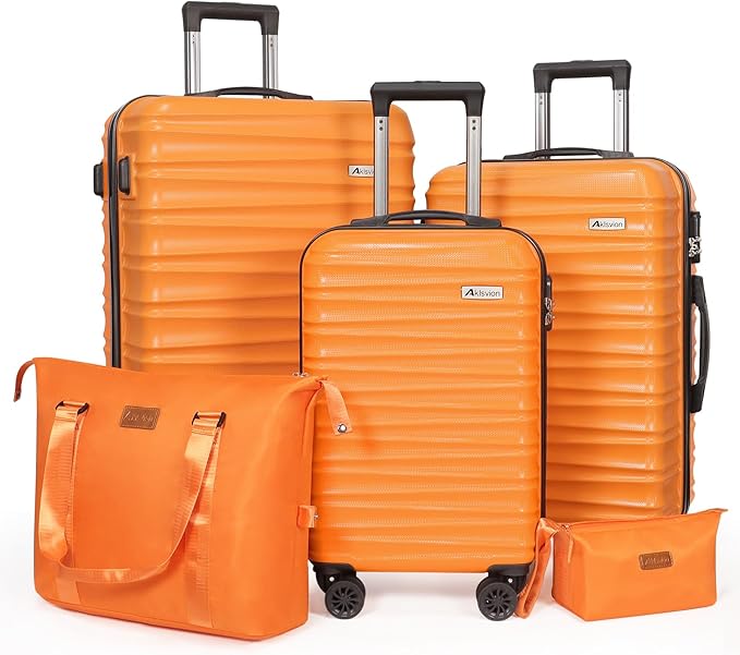 Luggage Set 3 Pieces (20/24/28) -Suitcase Set - Carry on Luggage with Wheels - Check-in Luggage - PC + ABS Durable Suitcase Rotating Silent Wheels Hardside Luggage with Spinner Wheels,5pcs (Orange)