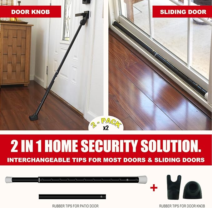 SECURITYMAN 2-in-1 Door Security Bar & Sliding Patio Door Security Bar (2 Pack) via Interchangeable Caps - Heavy Duty Iron Construction Door Stoppers Lock for Home, Apartment, Travel Hotel - Black