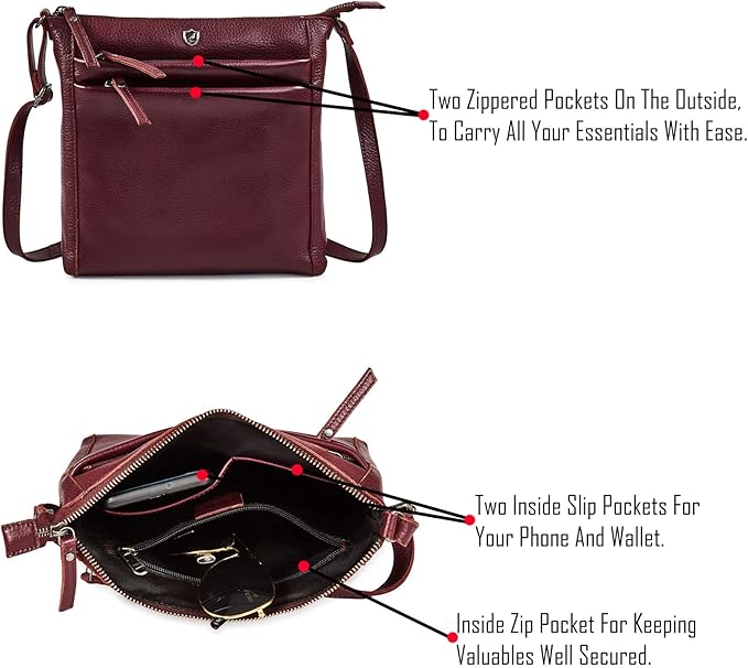 Small Soft Genuine Leather Crossbody Purse Women’s Sling Crossover Shoulder Travel Handbag with Triple Zipper