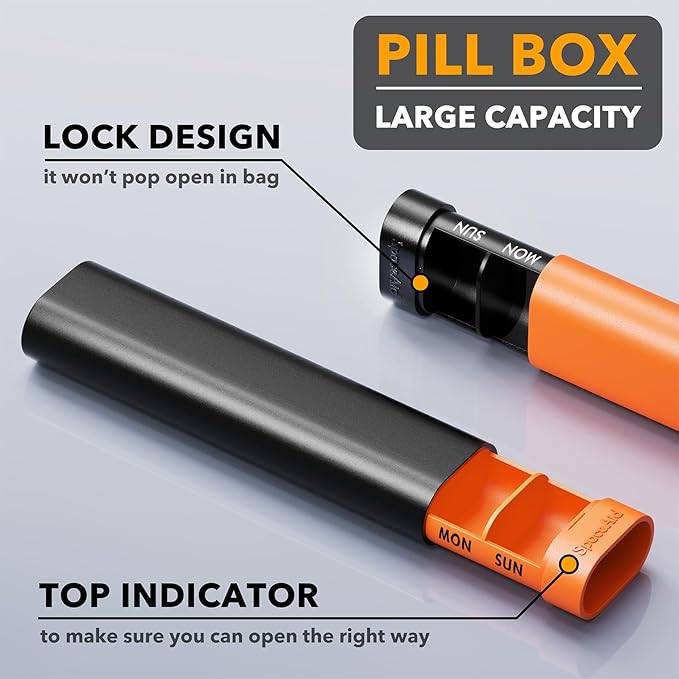 SpaceAid 2 Pack Pill Organizer Box 7 Day, Weekly Travel Pill Case Holder, 2 Times a Day AM PM Daily Pocket Pharmacy Dispenser Container for Pills, Vitamins and Medicine (Black, Orange)