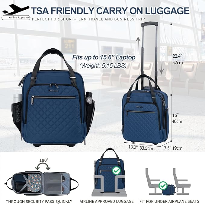 EMPSIGN Underseat Carry On Wheeled - 16" Carry on Bag with Wheels Multi-functional Lightweight Rolling Bag Overnight Weekender Small Suitcase for Women Men Travel Business, Haze Blue