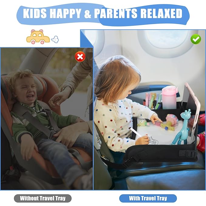 Upgraded Kids Travel Tray for Airplane - Toddler Car Seat Table Tray, Road Trip Essentials for Boys & Girls, Carseat Lap Desk for Kids Road Trip Activities, Black
