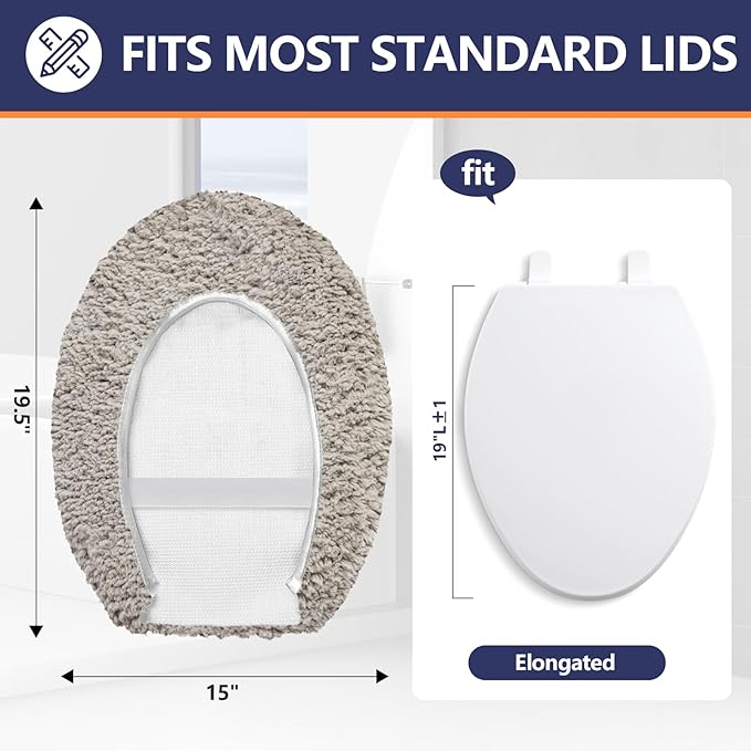 Microfiber Elongated Toilet Seat Cover 19.5"x 15" Machine Washable Solid Toilet Lid Cover Adjustable Rubber Backing Fits Most 18-19.5" L x 14-16" W Elongated Toilet Seat