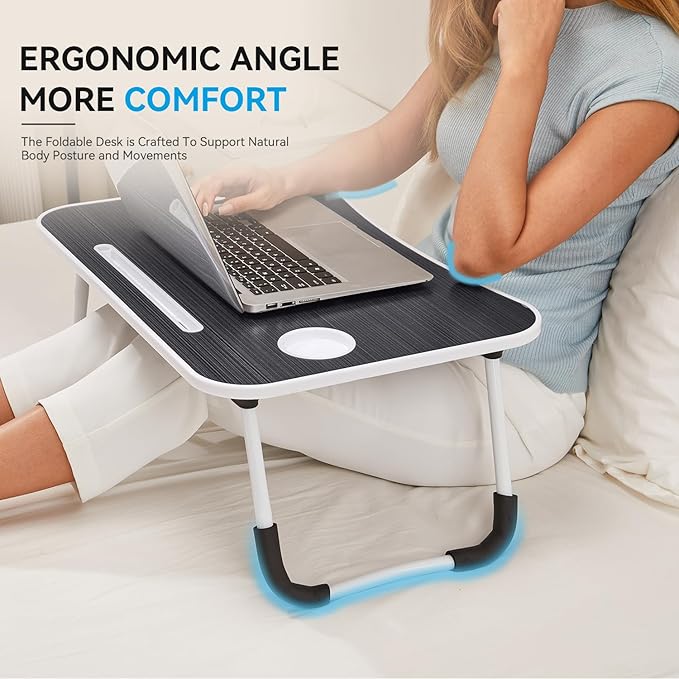 BUYIFY Folding Lap Desk, 23 Inch Portable Wood Deep Black Laptop Bed Desk Lap Desk with Cup Holder, for Working Reading Writing, Eating, Watching Movies for Bed Sofa Couch Floor