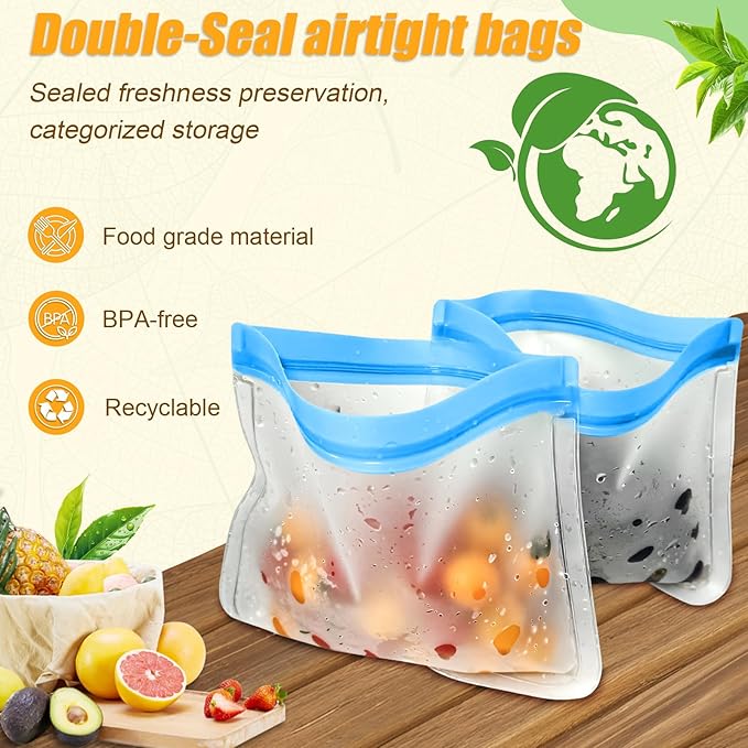 10 Pack Reusable Silicone Food Storage Bags, Leakproof Dishwasher Safe Reusable Freezer Bags for Food Storage Containers, Lunch Bag for Sandwich, Marinate Meat, Salad Fruit 10.3'' x 7.9''