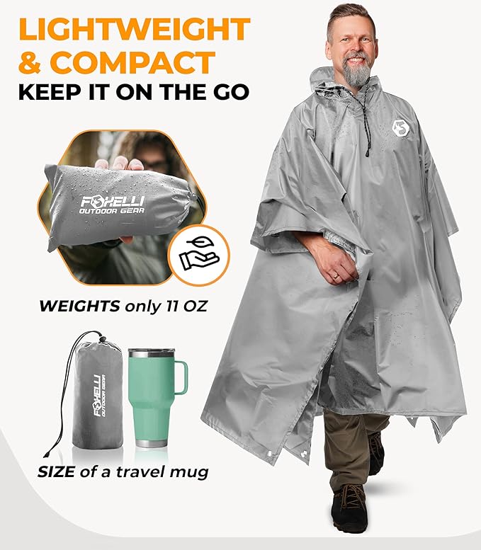 Foxelli Rain Poncho for Adults – Extra Long Reusable Waterproof Raincoat with Hood, Lightweight for Hiking, Camping, Outdoors