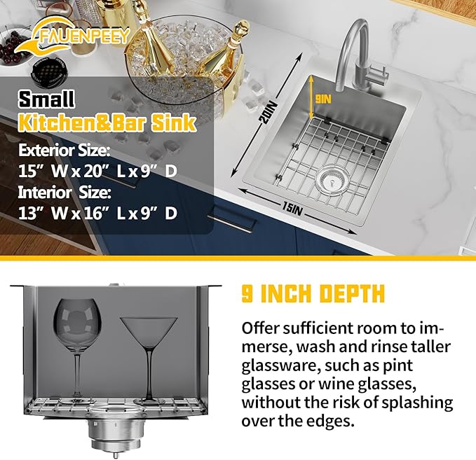 Small Kitchen Sink,15x20 Inch Bar Sink Stainless Steel Drop In Small Kitchen Sink Ideal Choice For Small Space Nice As Toprmount Prep Sink,RV Kitchen Sink With Bottom Grid,Soap Mat And Drain Assembly