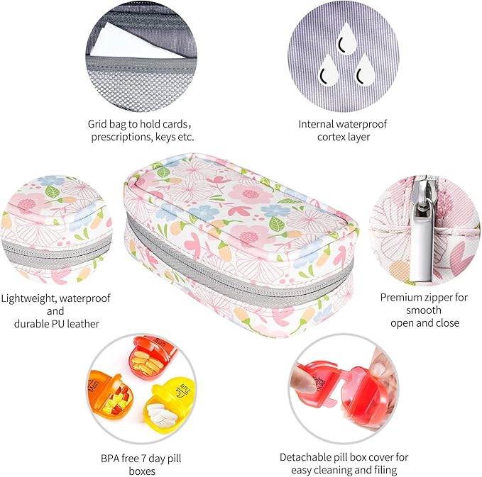 Serfeymi Weekly Travel Pill Organizer 2 Times A Day AM PM Upgraded Rainbow Pill Box 7 Day with Portable Zipper PU Leather Pill Case, Medicine Organizer for Pills, Vitamins, Fish Oils - Floral 01