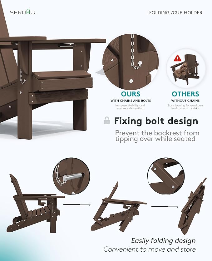 SERWALL Adirondack Chair with Cup Holders - Composite Adirondack Chairs Set of 2 HDPE Outdoor Chairs All Weather Use- Coffee