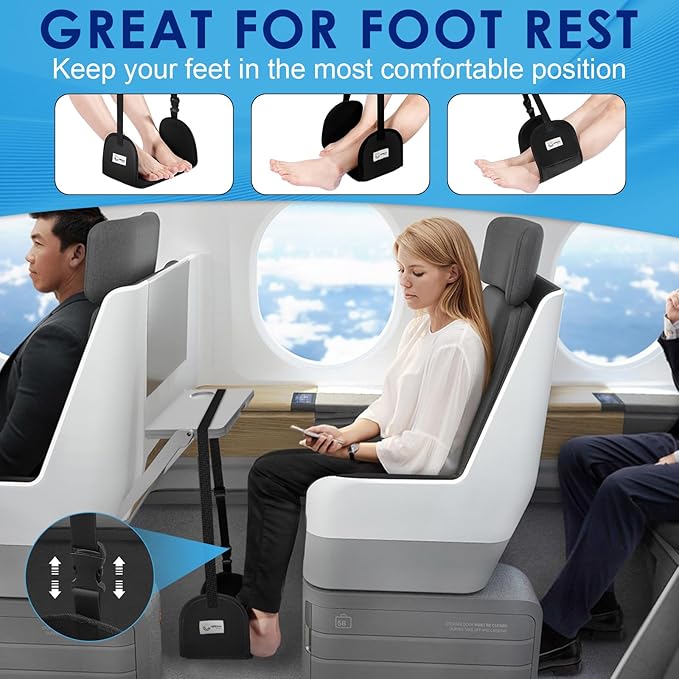 CERBONNY Airplane Foot Rest - Portable and Adjustable Foot Hammock, Travel Flight Essential for Relaxing Your Feet During Journeys - Office Footrests (Black)
