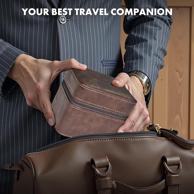 TSA-Friendly 2 Slot Watch Travel Case for Men, (Fits 7-8" Wrists) Carry-On Ready with Removable Pillows & Airplane Protection, Leather Jewelry Organizer for Wristwatches, Rings, Cufflinks (Brown)