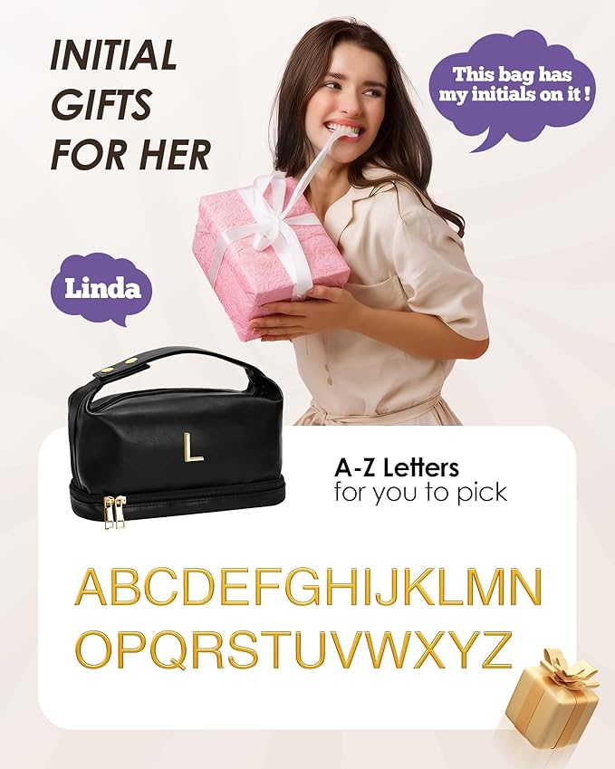Teacher Gifts-Initial Makeup Bags Personalized Bags with Handle, Women Group Gift Cosmetic Bag, Women Makeup Bags Letter Travel Toiletry Bag with Makeup Brush Organizer-Graduation Gift