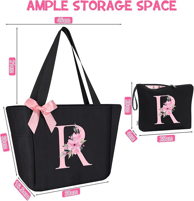 Vavabox Tote Bag, A-Z Initial Monogrammed Waterproof Tote Bag, Bridesmaid Gifts for Women, Black and Pink