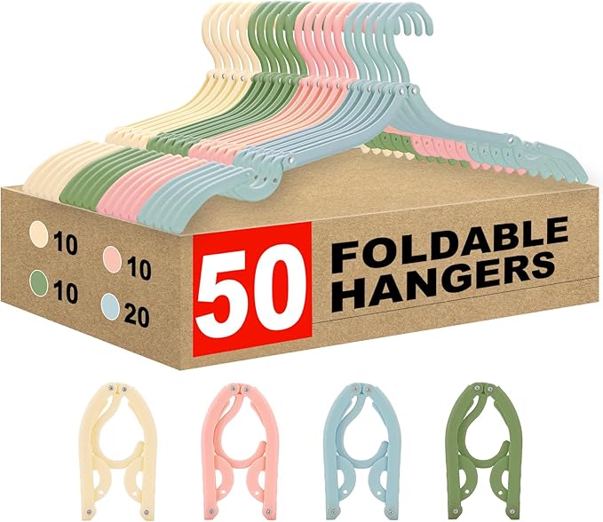 Foldable Travel Hangers,50Pcs Portable Clothes Hangers for Cruise, Suitcases, Closets | Lightweight Plastic Hanger Set for Hotels, Business Trips, Vacation (Pink/Beige/Green/Blue)