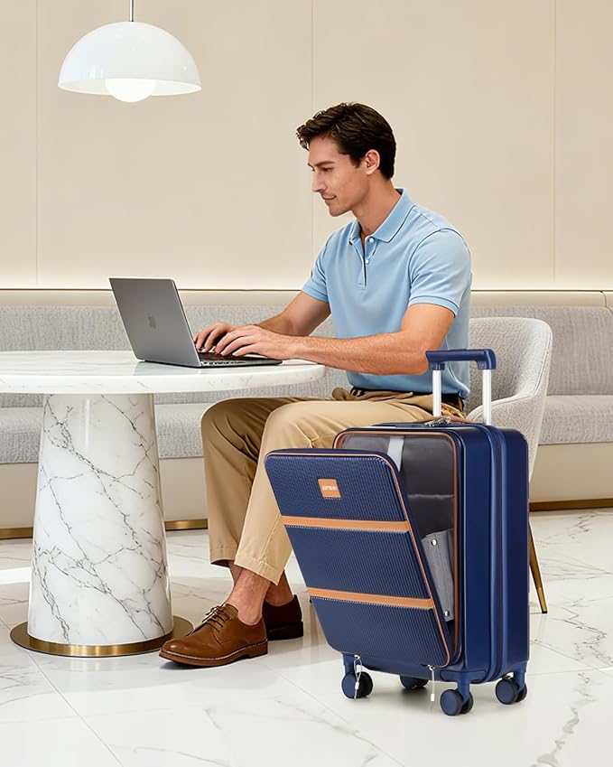Joyway Carry on Luggage Airline Approved with Front Pocket, Hardside 20 Inch Travel Luggages with Cup Holder, Carry-on Suitcase with Spinner Wheels for Men and Women (Blue, 20 Inch)
