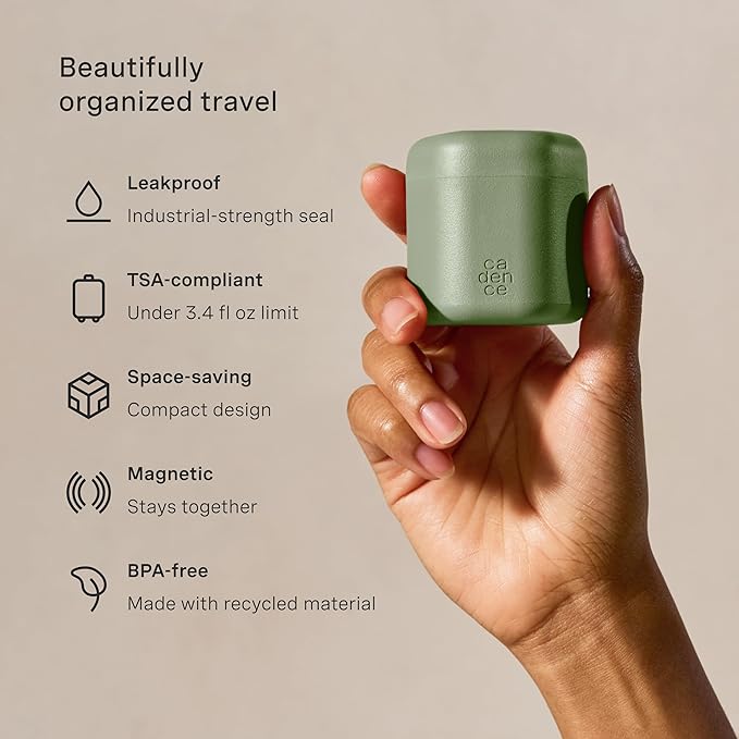 Cadence Travel Containers - Body Care Capsule Set - Magnetic Containers with Lids,Carry On Travel Essentials for Women/Men - 3 Flex Mediums (1.32oz) - Body Wash, Lotion & Sun Icon Labels - Evergreen