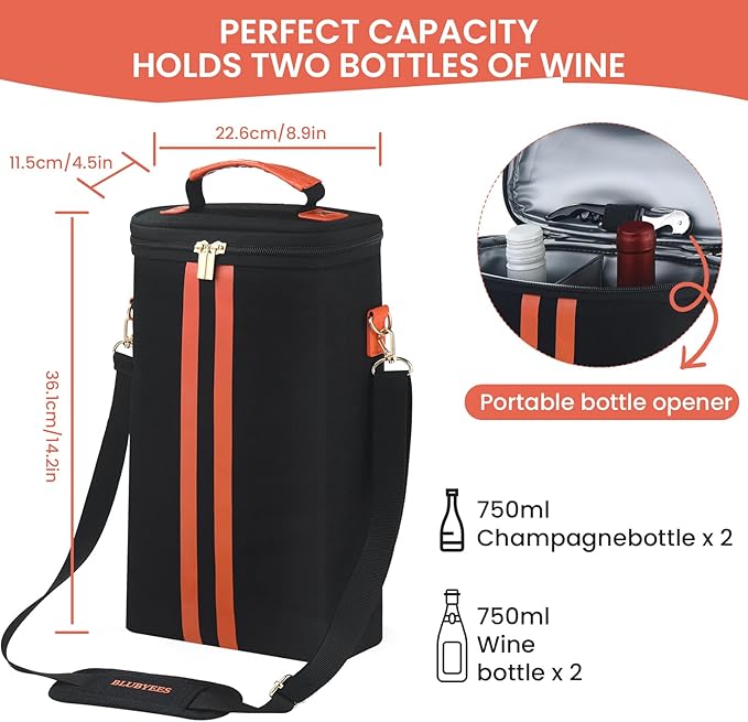 2-Bottle Insulated Wine Carrier Tote - Leakproof Padded 900D Oxford Wine Cooler Bag for Travel, Picnics, Beach & Parties - Ideal Wine Gift for Wine Lovers