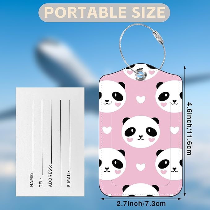 2 Pcs Cute Panda and Heart Luggage Tags for Suitcases PU Leather Baggage Tags Name ID Label with Privacy Cover and Stainless Steel Loop for Men Women Travel Bag Suitcase