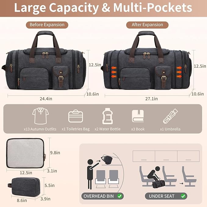 Mens Duffle Bag for Travel 3Pcs Set Travel Bags for Men 60L Expandable Canvas Bag (Dark Gray)
