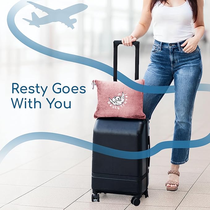 Resty 65"x40" Traveling Airplane Blanket, Pink – Lightweight, Velvety Soft Blanket That Becomes a Travel Pillow – Must-Have Comfort for Planes & Road Trips – Travel Essentials for Women & Men