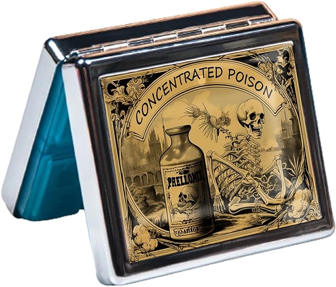 Silver Vintage Pill Box 7 Day Metal Pill Box with Mirror and 8 Compartments Cute Travel Pill Organizer for Purse (Halloween Label)