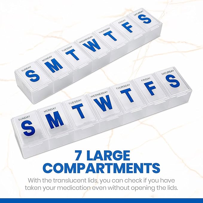 Weekly Pill Organizer - (Pack of 2) Extra Large Vitamin Container with Jumbo Easy to Read Letters, BPA Free - Daily Travel 7 Day Medication Pill Box Case