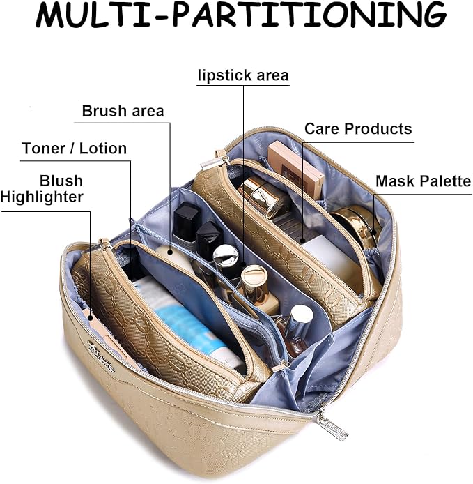 BOYATU Travel Makeup Bag for Women: Cosmetic Organizer Bag with Compartments - Leather Make up Bags Set of 3 (Gold Yellow)