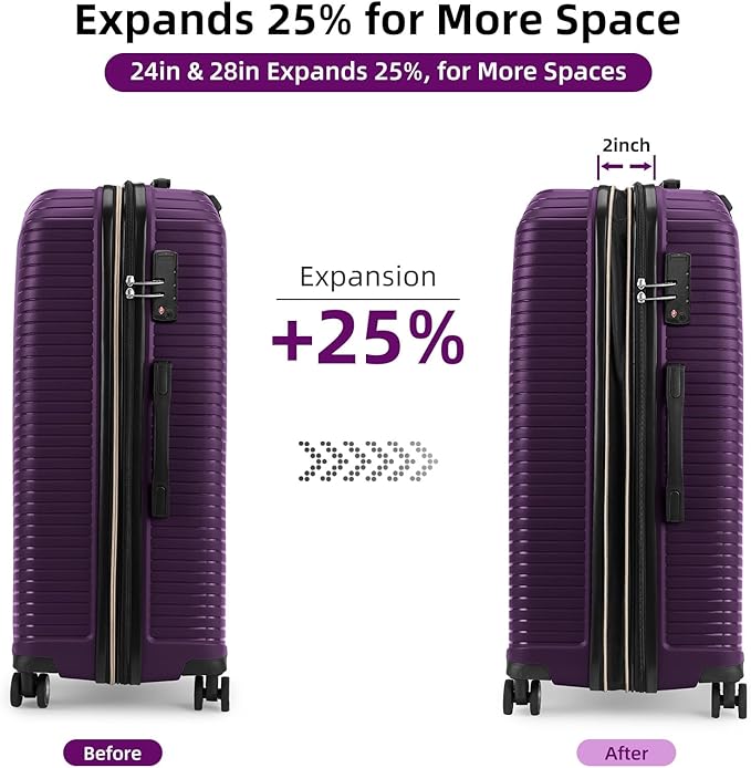LEAVES KING LARVENDER Luggage Sets 5 Piece, Expandable(Only 24"&28") PP Suitcase with Spinner Wheels, Durable Luggage Sets Clearance Carry On Luggage Suitcase Set For Women Men, Purple