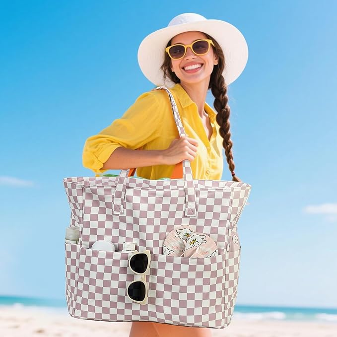 LEDAOU Beach Bag Waterproof Sandproof Women Tote Bag Pool Bag with Zipper for Gym Grocery Travel with Wet Pocket