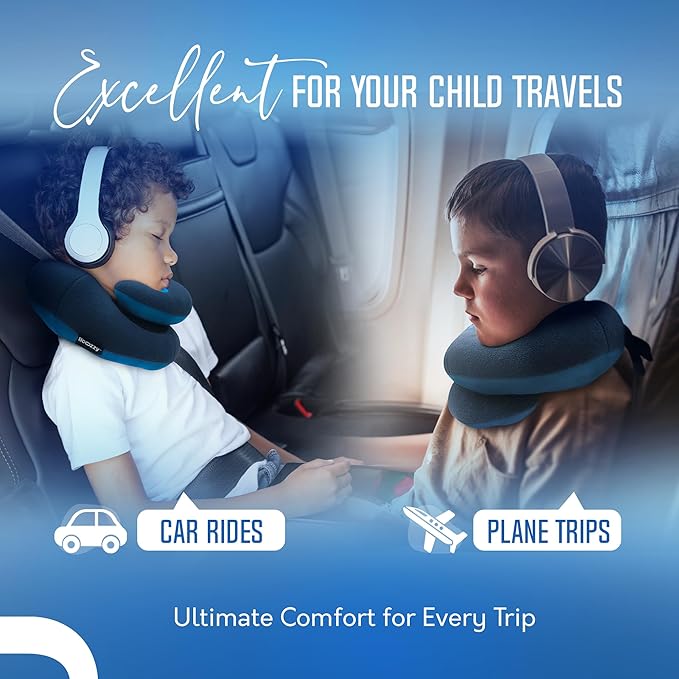 BCOZZY Kids Travel Neck Pillow (8-12 Y/O) – Patented Soft Child Pillow for Head & Chin Support in Car, Airplane, and Road Trip Sleeping. Adjustable Size. Carry Bag. Fully Washable. Medium, Navy