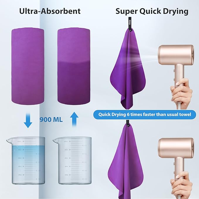 BOGI Microfiber Travel Sports Towel-Quick Dry Towel, Soft Lightweight Microfiber Camping Towel Absorbent Compact Travel Towel for Camping Gym Yoga Swimming Backpacking (XL:72''x32''+16''x16''-Purple)