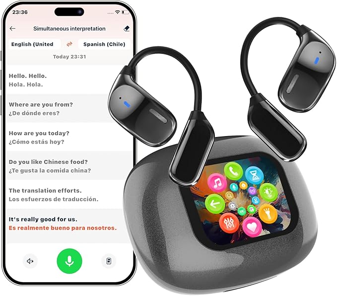 AI Translation Earbuds Real Time- 144 Languages, Meeting Assistant, LCD Touch Screen, Noise Cancelling, Wireless Open Ear Translator Earbuds- Used for Travel, Business, Learning, Grey pr