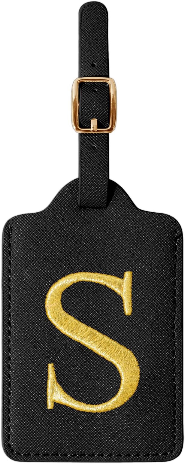 Personalized Initial Luggage Tags for Suitcase TSA Approved, Black Leather Cute Luggage Tag with Privacy Cover Name Card, Embroidered Custom Luggage Tags Travel Backpack Tags Gifts for Women Kids(S)