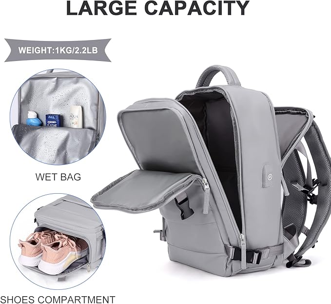 coowoz Travel Backpack For Women Men,Carry On Backpack,Hiking Backpack Waterproof Outdoor Sports Rucksack Casual Daypack Travel Essentials(Grey)