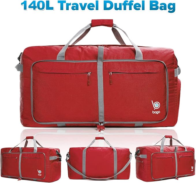 Bago Big XXL Foldable Duffel Bags for Traveling Women & Men - 140L Packable Duffle Bag for Travel with Shoe Compartment - Water Repellant, Heavy Duty, Lightweight Folding & Collapsible (Red)