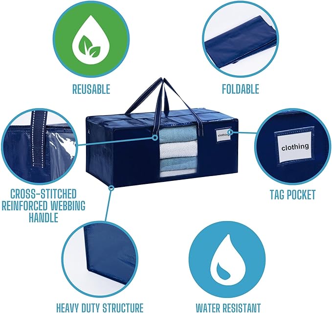 VENO 2 Pack Moving Bags Extra Large Storage Bags for College Move-In, Heavy-Duty Storage Totes, Packing Boxes, and Wardrobe Moving Supplies - Durable Laundry Bags for Clothes (Blue w/Window, 2 Pack)