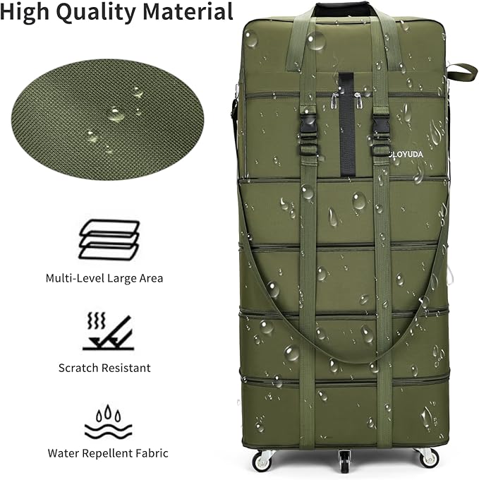 Expandable Foldable Luggage, 42'' Suitcase With Spinner Wheels, Rolling Duffle Bag with Wheels and Handle, Collapsible Luggage, With 2 Handle Wrap and 2 Fixing Straps, 1 Shoulder Strap (Green)