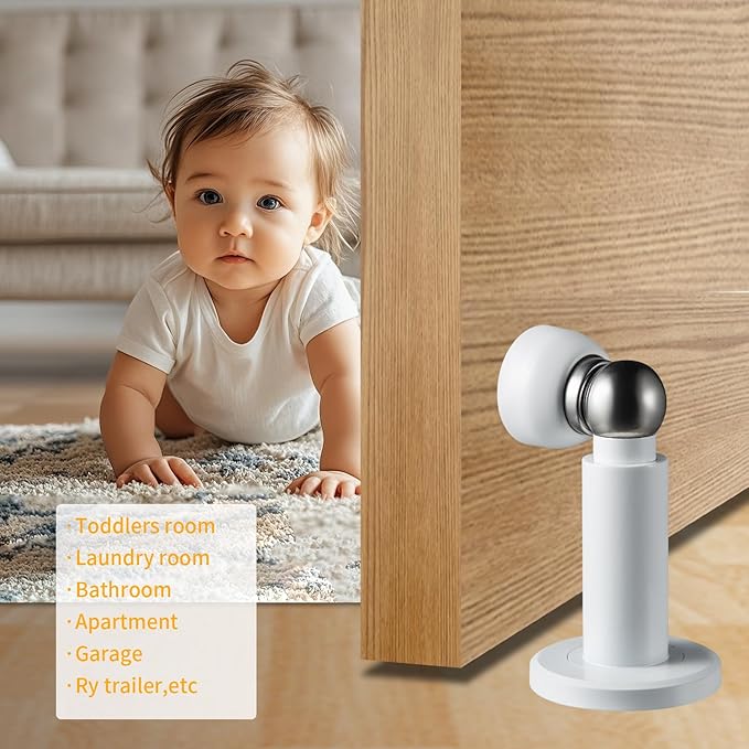 Door Stoppers – Heavy Duty Magnetic Door Stopper for Wall & Bottom of Door – Premium Adjustable Door Stop with Heavy-Duty Windproof Design, Constructed with SUS304 Stainless Steel (White)