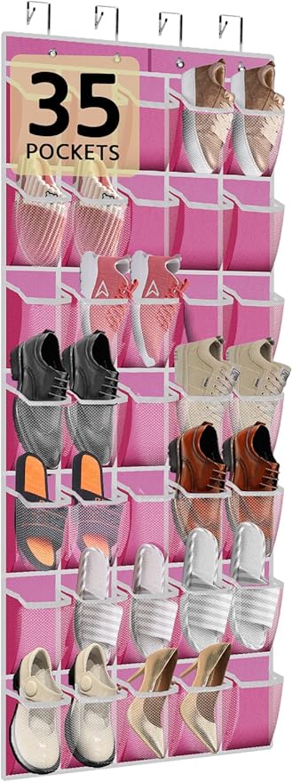 35 Pocket Over the Door Shoe Organizer,Reusable Breathable Large Mesh Bag Men's & Women's Sneaker Organizer,Shoe Organizer for Kids,Hanging Shoe Storage Hanging Bag (Pink)