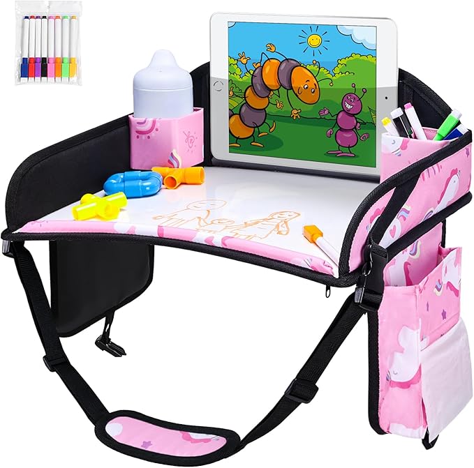 3PCS Kids Travel Tray for Airplane - Toddler Car Seat Table Tray, Road Trip Essentials for Boys & Girls, Carseat Lap Desk for Kids Road Trip Activities (Pink/Green-/Purple)