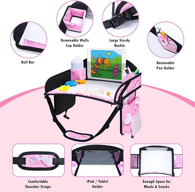 Kids Travel Tray, Car Seat Tray for kids Travel, Toddler Road Trip Essentials With Drawing Kit, Toddler Lap Desk Organizer for Car, Carseat Table for Airplane