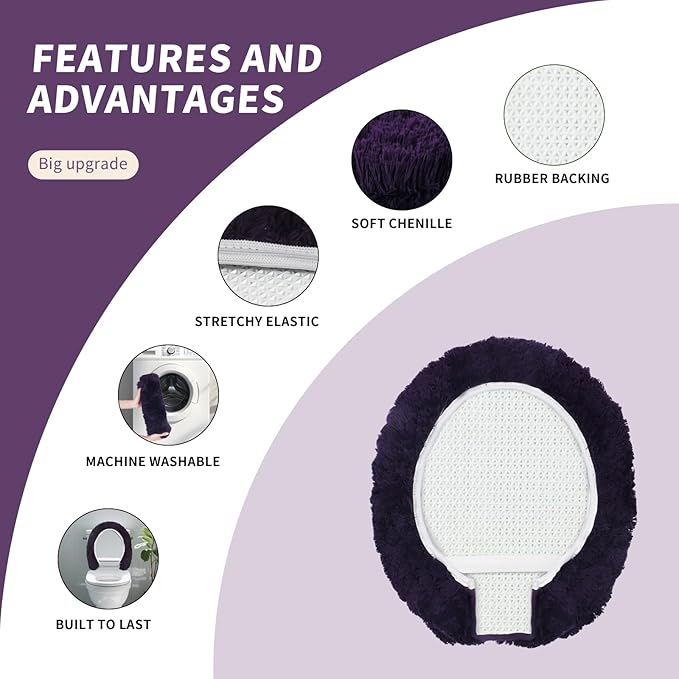Microfiber Elongated Toilet Seat Cover 19.5"x 15" Machine Washable Solid Toilet Lid Cover Adjustable Rubber Backing Fits Most 18-19.5" L x 14-16" W Elongated Toilet Seat