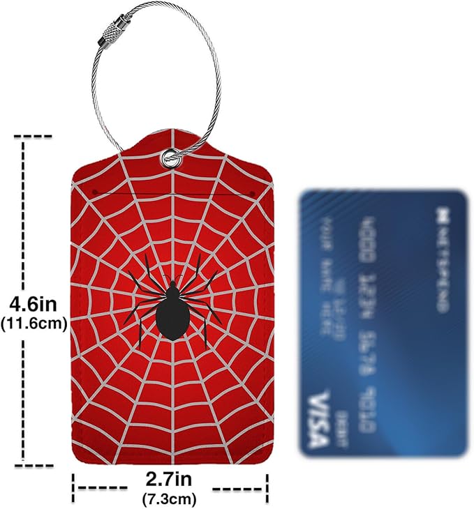 Spider Web 2-Pcs Premium Leather Tags with Privacy Covers,Luggage Tag Stainless Steel Loops Ideal for Suitcases, Travel Bags, Backpacks