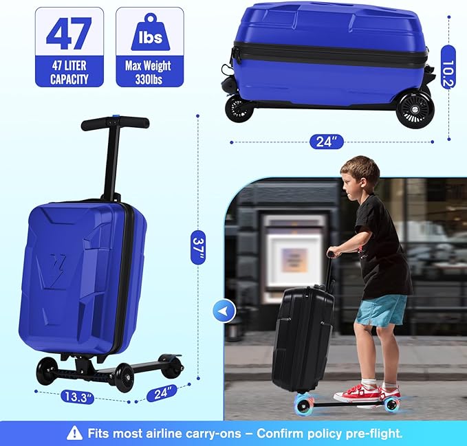 smilesun Scooter Suitcase for Kids & Adults, Foldable Carry On Travel Luggage, Hardside Ride on Scooter Suitcase with LED Light up Wheels，Blue