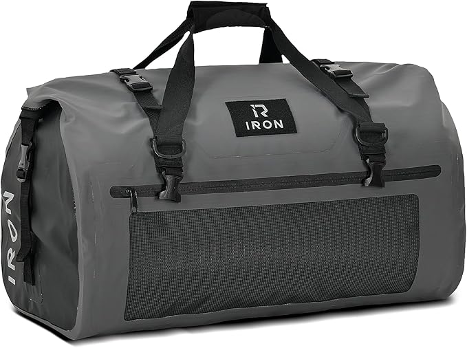 IRON JIA'S Motorcycle Dry Bag - Waterproof Duffle & Luggage Tail Bag Saddle Bags with Roll Top Closure, Shoulder Straps, Inner Pocket and Mesh Pocket (Grey, 70L)