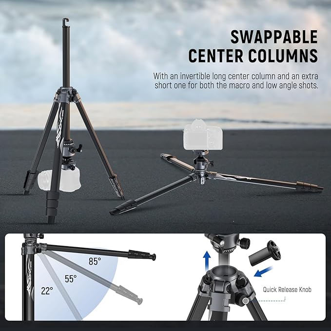 NEEWER LITETRIP LT07 61" Aluminum Travel Tripod for Camera w Pan Tilt Low Profile Ball Head, Arca QR Plate Compatible with Peak Design Tripod Plate V3, Dual Center Axis, Phone Holder, Max Load 22lb