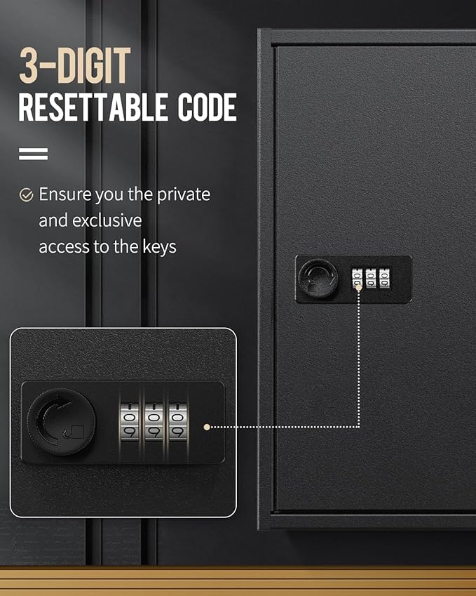 Uniclife 40 Position Key Cabinet with Combination Lock Resettable Black Digital Security Storage Box Steel Key Organizer with Adjustable Racks Colorful Key Tag Labels and Hooks