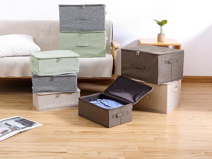 ANMINY Storage Bins with Zipper Lids 36 Qt Lidded Fabric Storage Boxes Baskets Cubes with Handles Collapsible Washable Cotton Linen Closet Shelf Clothes Organizer Containers - Beige, Large