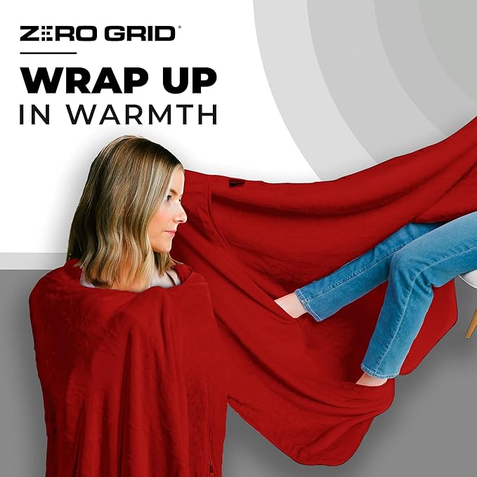 Lightweight Travel Blanket - Premium & Compact Airplane Wearable Blanket with Neck Snaps, Cozy Foot Pockets, Zipper Pouch - Converts into Soft Pillow - Designed for Ultimate Comfort - Scarlet